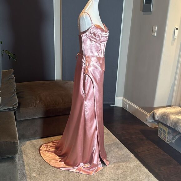 Pink Full Length Prom Party Dress Criss Cross Back Straps Leg Slit Size 14 NEW - Picture 4 of 11